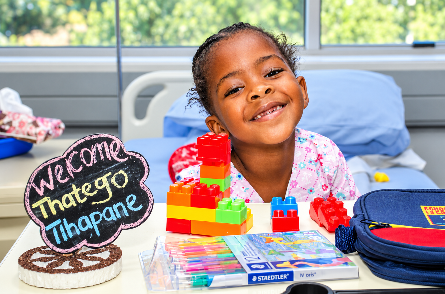 A smiling girl in a hospital bed, surrounded by toys and a welcome sign