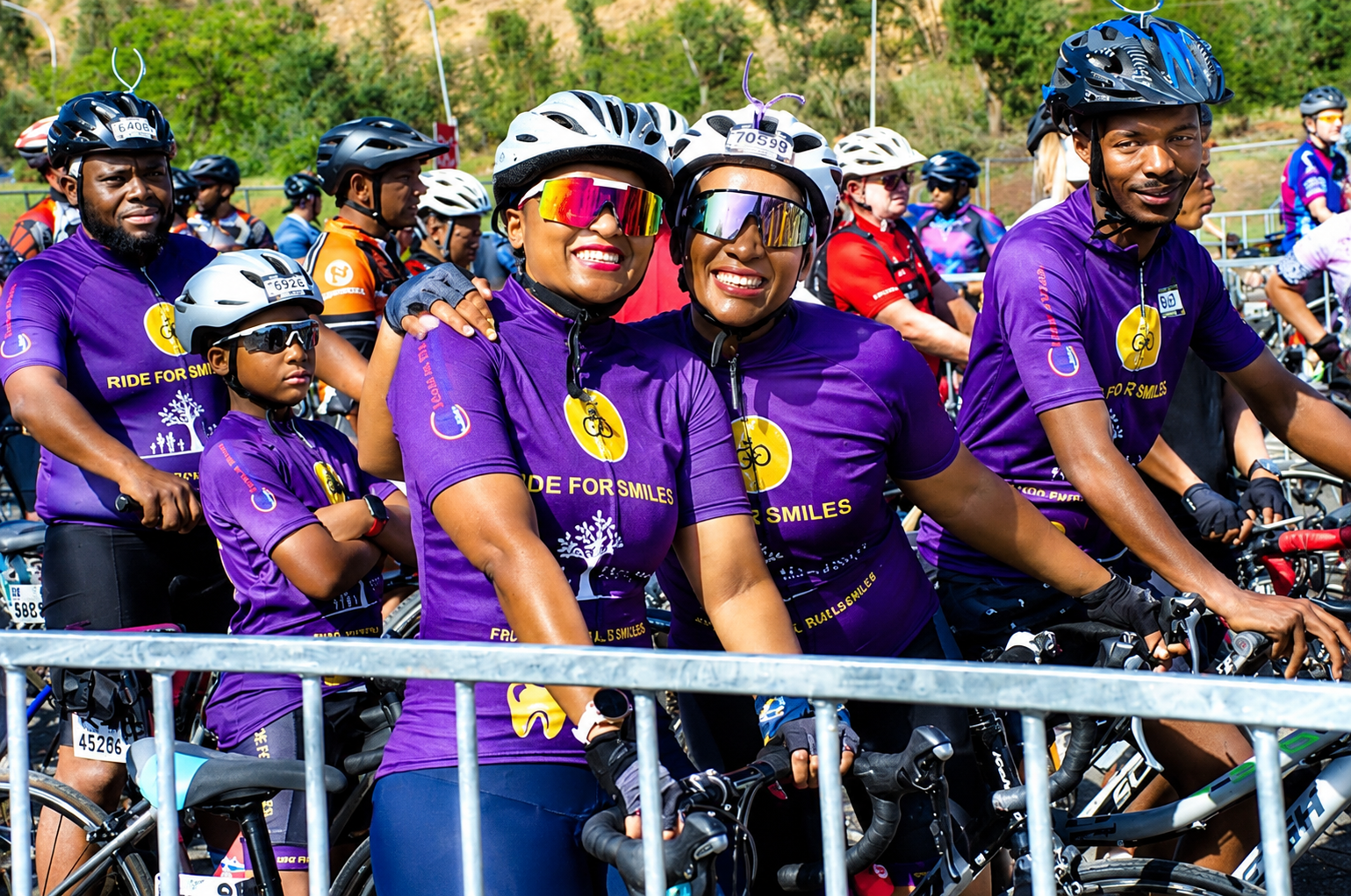 Smiling cyclists in purple Ride for Smiles jerseys at the start line