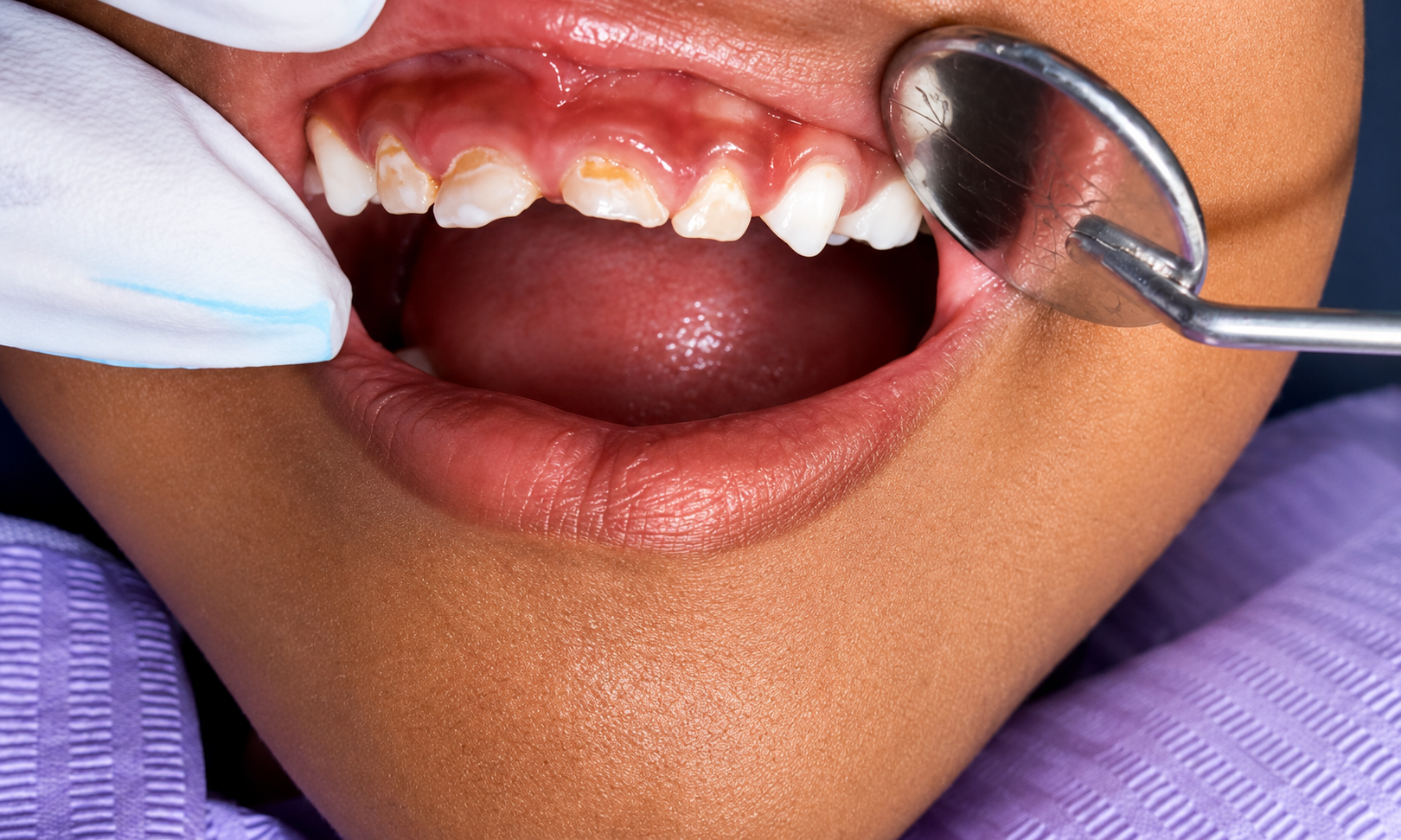 Close-up of a dentist examining a child's decayed front teeth with a dental mirror
